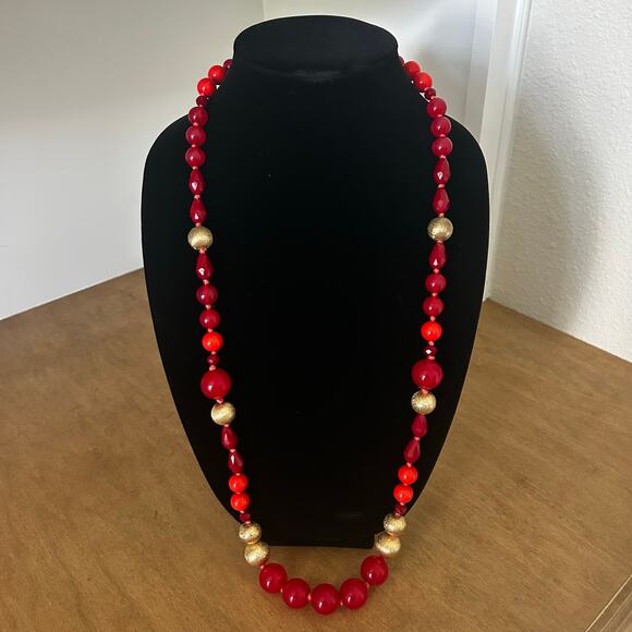 Vintage Charming Charlie's Large/Long Red & Gold beaded necklace Stamped - Picture 1 of 7